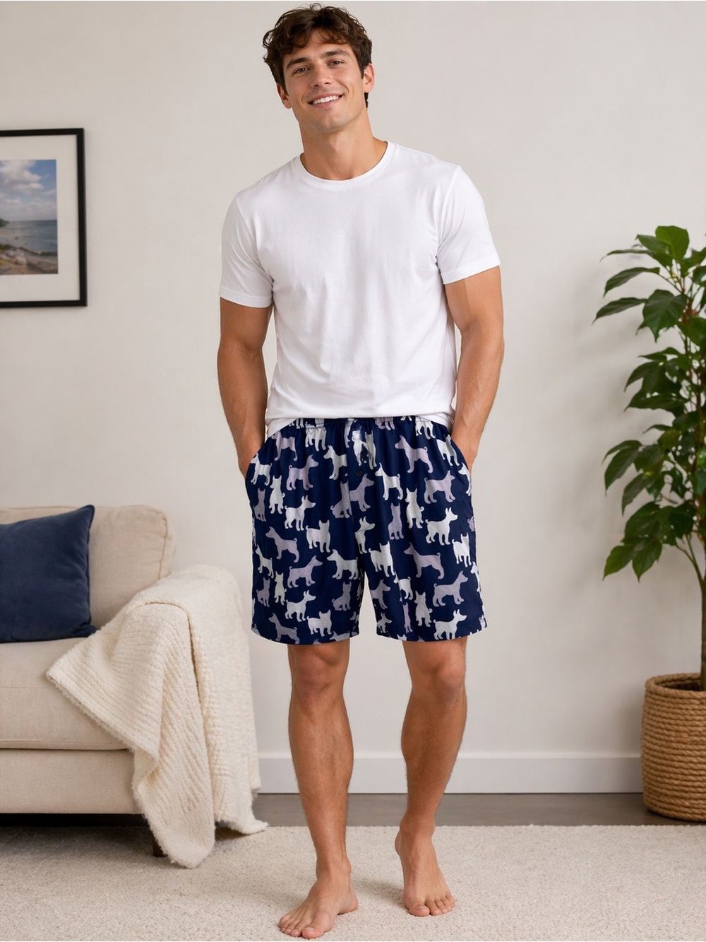 Men's Navy Blue Dog-Print Lounge Shorts